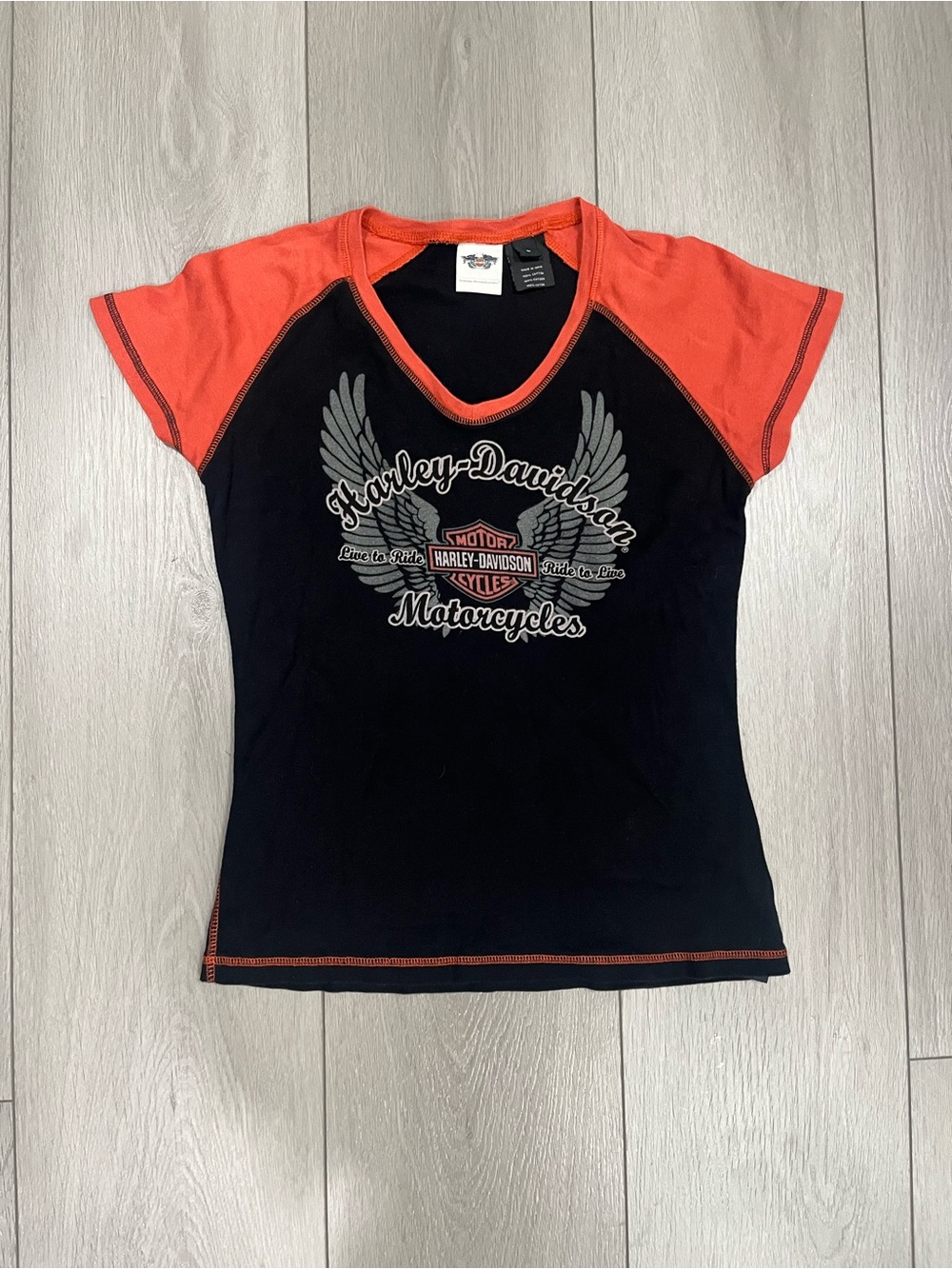 Harley-Davidson Black and Orange Raglan V-Neck Tee